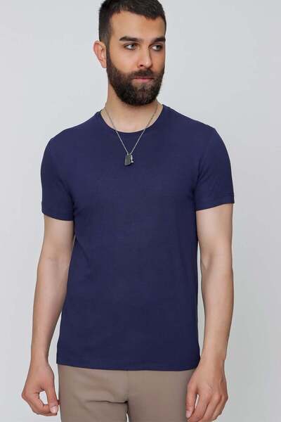 Efor Slim Fit Bisiklet Yaka Esnek Pamuklu Düz Lacivert Tişört TS 823