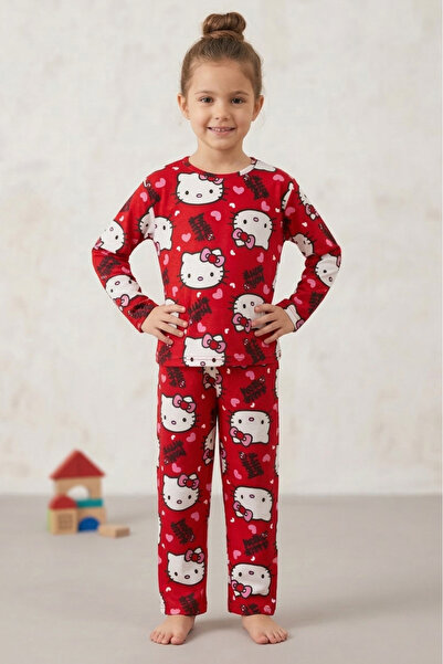 TOFİSA Set de pijamale din piele intoarsa cu imprimeu pisica rosie pentru fet...