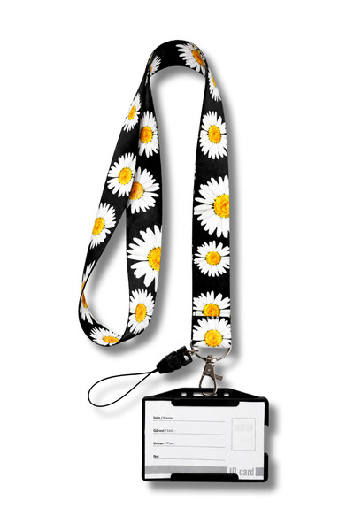 excarpin Black with Daisy Pattern Neck Lanyard and Card Holder Set