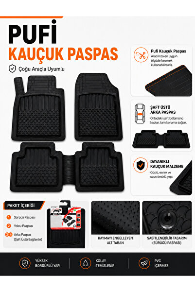 Pufi Tüm araçlarla uyumlu Oto Paspas 100% Kauçuk Premium Kalite - Siyah