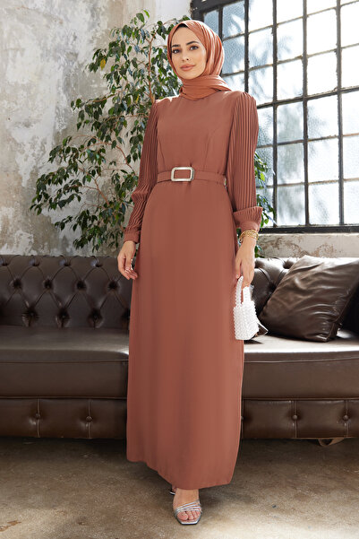 VAVİNOR Pleated Dress with Sleeves - Camel