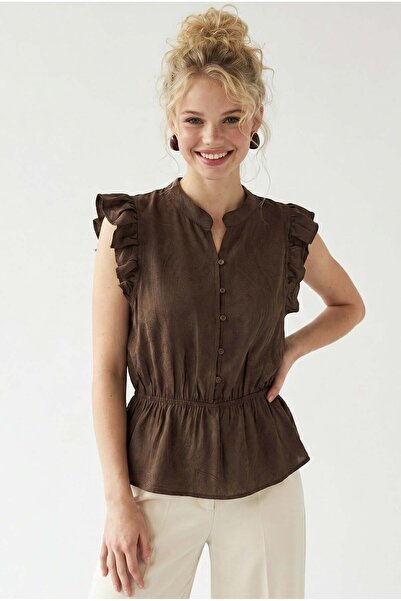 Mixray 4921 Kadın Volanlı Hakim Yaka Jakarlı Peplum Bluz Kahve