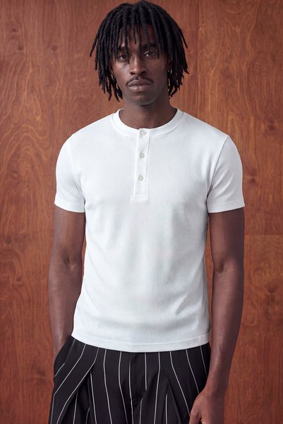 TWILIT Henley Yaka Muscle Fit Slim Fit Fitilli Tişört - Beyaz