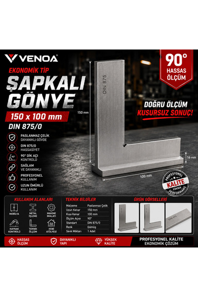 Venoa Ekonomik Tip Şapkalı Gönye 150x100 mm DIN 875/0 Paslanmaz Çelik Hassas ...