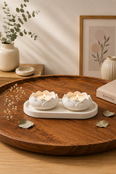 Aksesuar Kuşu Tepsili 2’li Lotus Mumluk Seti Tealight Mumluk Dekoratif Masa O...