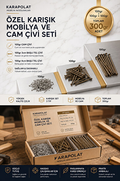 KARAPOLAT Karışık Ahşap Tel Çivi Seti 100gr 3cm + 100gr 4cm +100gr Cam Çivisi