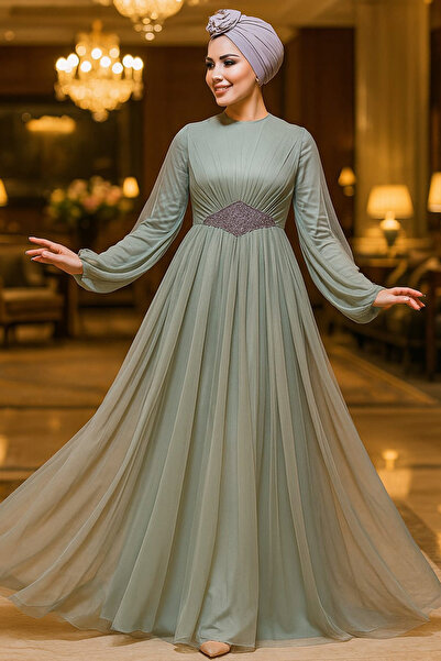 Neva Style Tüllü Mint Tesettür Abiye Elbise 54230MINT