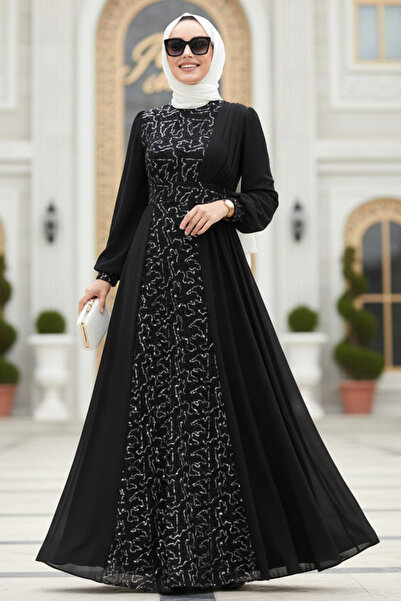 Neva Style Pul Payetli Gümüş Tesettür Abiye Elbise 5408GMS