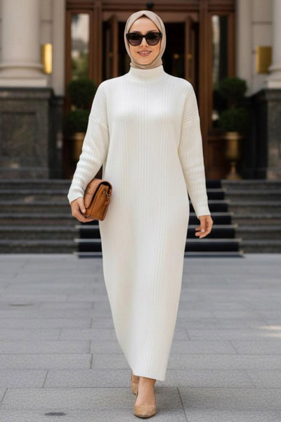 Neva Style Turtleneck Ecru Hijab Knitwear Dress 34150E
