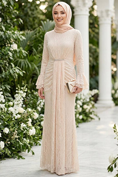 N.S NEVA STYLE Rochie de seară cu dantelă bej, stil Tesettür 56621BEJ