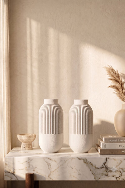 Cuale Design 2'li Çizgi Dekoratif Minimalist Seramik Görünümlü Mat Vazo Seti,...