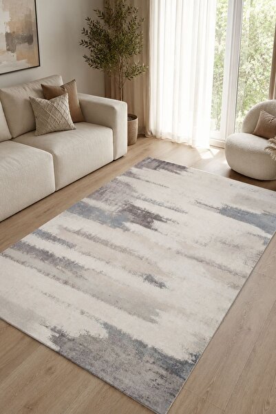 Serente Home Soyut Desenli Yıkanabilir Kaymaz Taban Krem Şönil Antre Halısı 4084