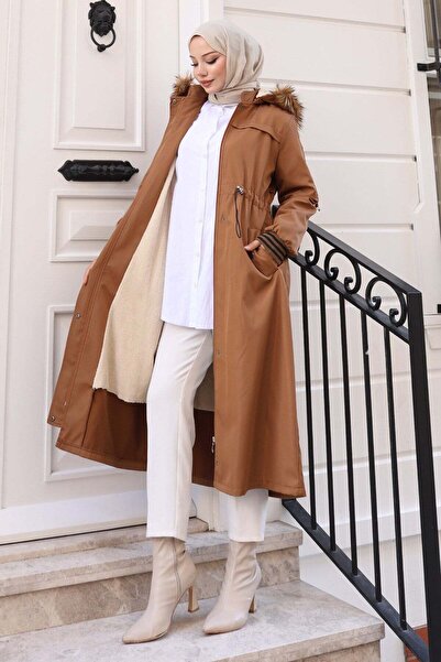 Missvalle Fur Collar Lace-Up Waist Coat Brown 19269