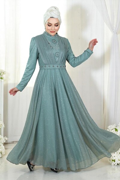 Missvalle Stone Detailed Glittered Evening Dress with Draped Chest Mint 19188