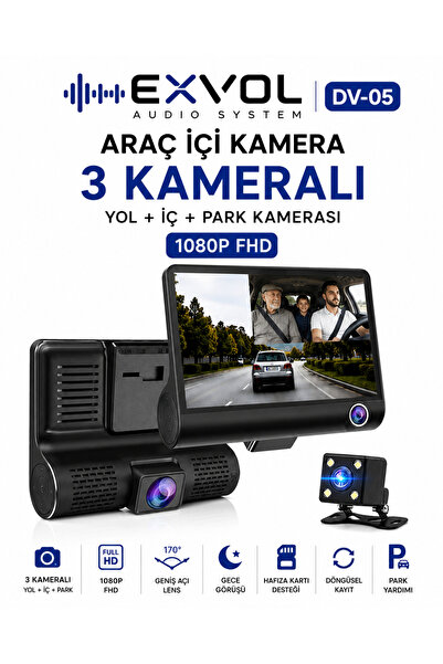 EXVOL Araç Içi Kamerası 3 Kameralı 1080p Hd 4.1 Inc Ekranlı Araç Iç Yol Park ...
