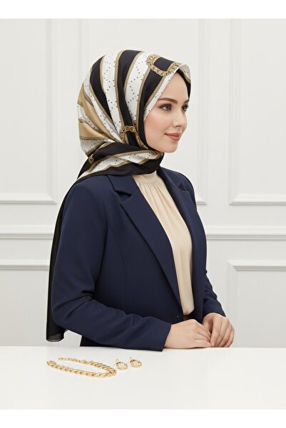 Vissona %100 Saf İpek Şal İnce Saten Vual Dokuma Kemer Desenli Bej - Siyah Re...