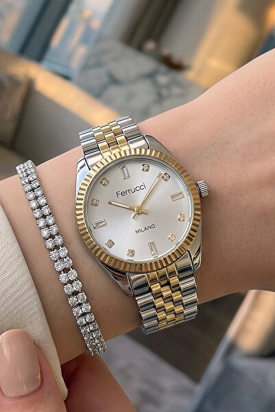 Ferrucci Bileklik Hediyeli Altın/Metalik Kadın Kol Saati 35 mm Baget Taşlı Çe...