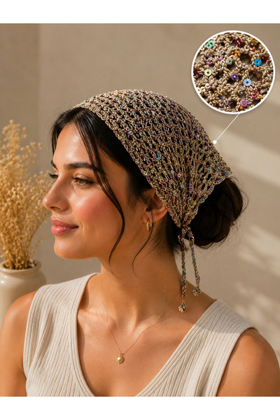 ESYCREATİVE ESY Bohem Örme Saç Bandası, Kahverengi Çok Renkli Pullu Bandana