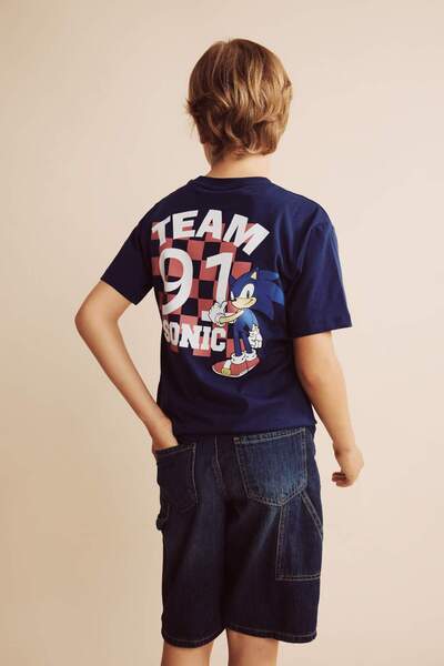 DeFacto 100% bumbac, licențiat Sonic The Hedgehog, tricou cu mânecă scurtă, cu gât rotund, albastru închis, pentru bărbați