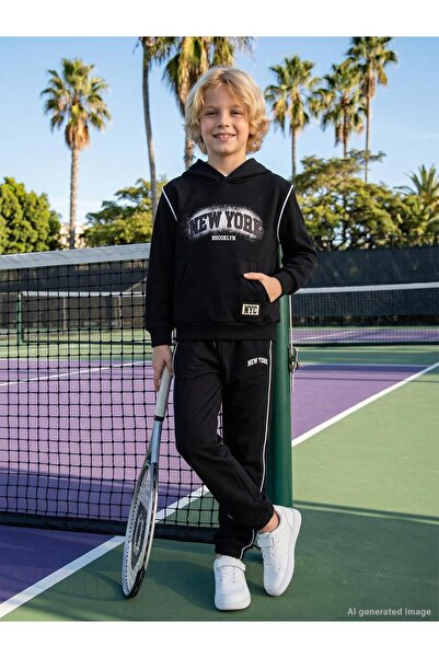 Mışıl Kids Kangaroo Pocket Side Piping Tracksuit Set for 6-9 Years Old - Black