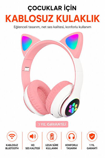 Ayers A+ Kalite Kedi Kulağı Detaylı Bluetooth Kablosuz Rengarenk Işıklı Rgb Ç...