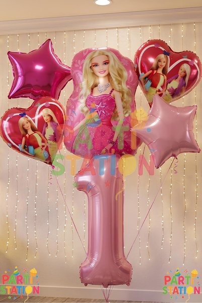 Parti Station Barbie Foil Balloon Set Barbie Heart Pink 1 Year Old Balloon Se...