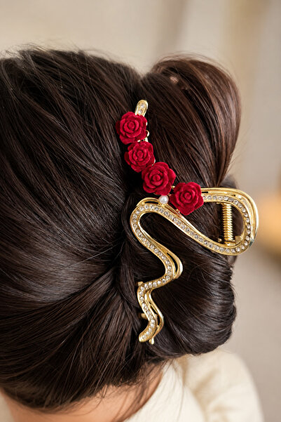 TREND COLLECTİON Vip Metal Latch Buckle with Gold Stone and Rose Detail