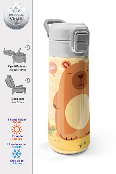 Coral High Kids Kapibara Desenli Pipetli ve Direkt İçim Çelik Termos 500 ml 3...