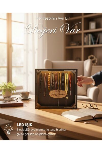 Grafiza Kişiye Özel Ahşap Led Işıklı Tespih Standı - 40 x 35 cm - Rebap