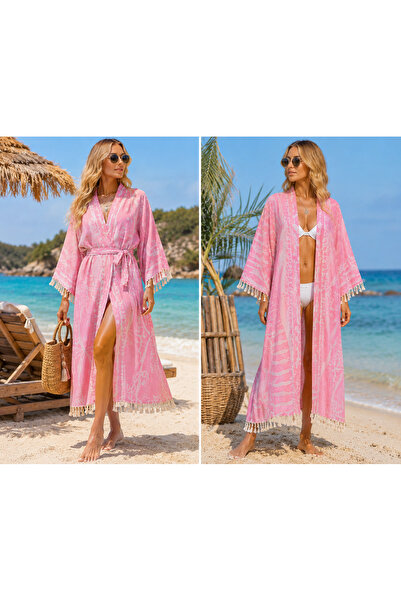 Store %100 Pamuk Jakarlı Kimono Bornoz – Püskül Detaylı Kuşaklı Kadın Plaj, H...