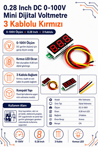 RobotikDepo 0.28 Inch DC 0-100V Mini Dijital Voltmetre 3 Kablolu - Kırmızı