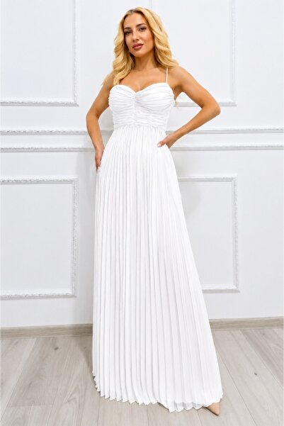 FashionForYou Rochie lungă plisată NYSA UNI, cu legătură la spate, Albă