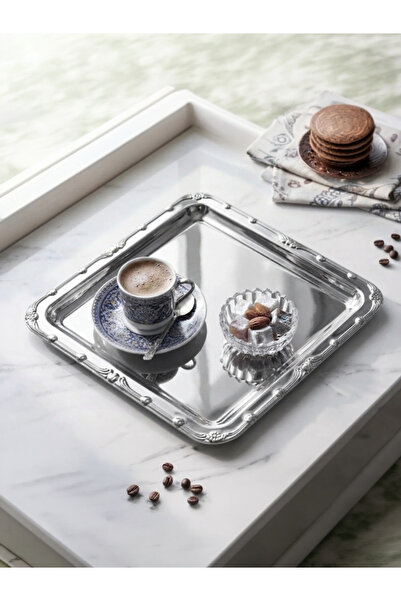 SEVA ÇELİK Stainless Steel Square 1 Piece Silver Patterned Tea Coffee Present...