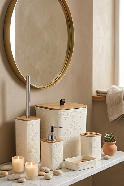 MAKRİ HOME 5 Piece Cream Bathroom Set, with Natural Bamboo Detail, 21 X 19 X ...