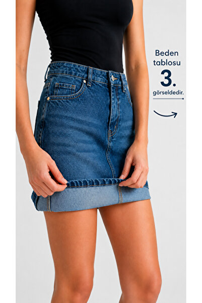 jean shop Kadın Yüksek Bel Mini Kot Etek Cepli Dar Kalıp %100 Pamuk Denim Etek