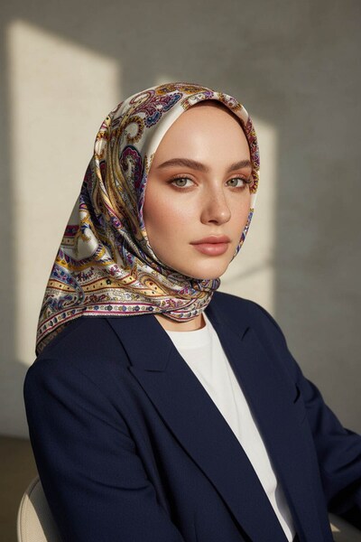 Vissona 100% twill silk shawl patterned navy blue - gold colored 90x90 scarf ...