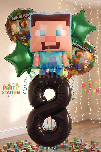 Parti Station Minecraft Balon 8 Yaş Doğum Günü Set Minecraft Konsept Yıldız B...