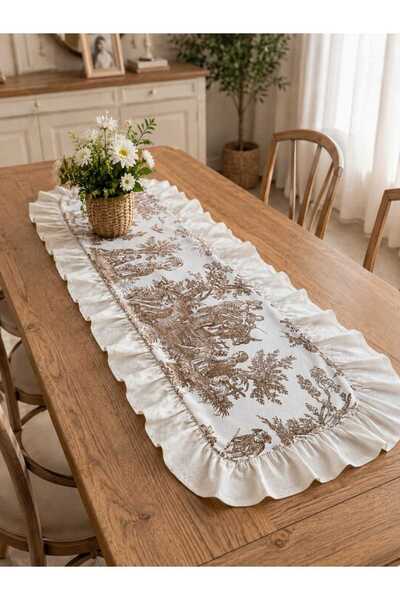 HOME ART ATELIER hand made Kahverengi Vintage Desenli Fırfırlı Runner 40x110 Cm