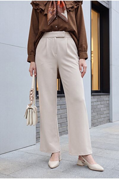 Modamorfo Beli Hook and Loop Detail Pipe Leg Fabric Trousers -Beige