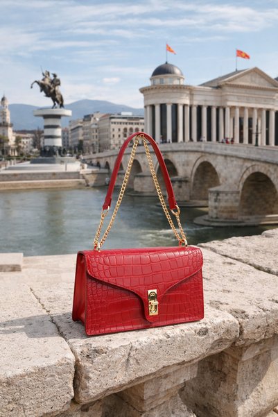 dukidasoturkiye Red Gold Lock Detailed Crocodile Women's Bag Shoulder Bag |   Red Mt1554