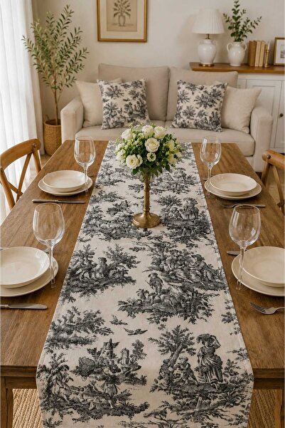 HOME ART ATELIER hand made Siyah Fransız Köylüler Desenli keten 40x140cm Runner