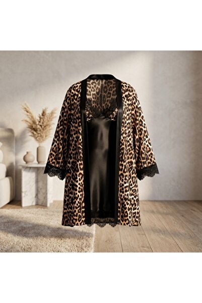 Lady Lingerie Plus Size Satin Nightgown and Robe Set - Black Dress with Leopa...