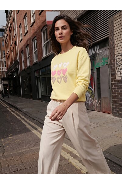 ONLOOX Lemon Yellow Cotton Crew Neck Sweatshirt with Three Thread Heart Embro...