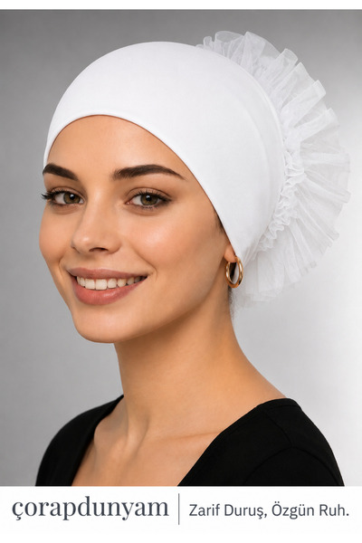 çorapdunyam Non-Slip Silicone Ruffled Lace Seamless Hijab Bonnet Cotton Breat...