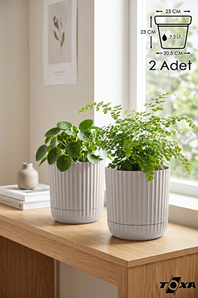 ToXA 2 Adet 7.2 Litre Bej Sütun Saksı Kendinden Tabaklı Drenajlı Plastik Çiçe...