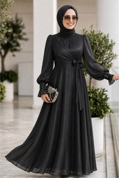 Neva Style Bağlama Detaylı Siyah Tesettür Abiye Elbise 48051S