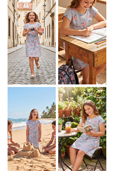 Little Frog Candy Rain with Cat Kids Girls' Waist-Tied Casual Summer Dress