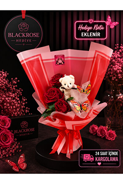 blackrosehediye Red Rose Bouquet with Teddy Bear and Butterfly Romantic Gift ...