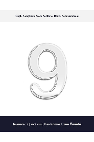 4x2 cm Krom Kaplama Metal Kapı Numarası No 9 - Yapışkanlı Daire ve Villa Numaratörü