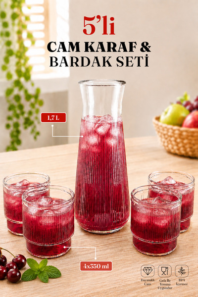 Lizzy 5 Parça Pinterest Model Cam Karaf Seti - Meşrubat Seti 5'li Çizgili Cam...